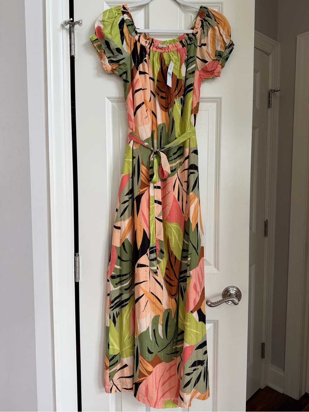 NWT LOFT Women’s Gold Shimmer Palm Leaf Midi Dress Size S Tropical Off Shoulder